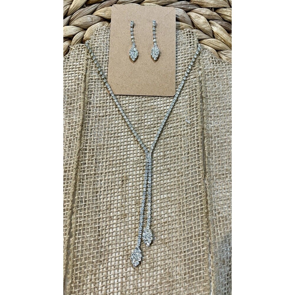 Y Drop Dangle Wedding Bridal Diamond-like Necklace/Earrings Set Silver Tone